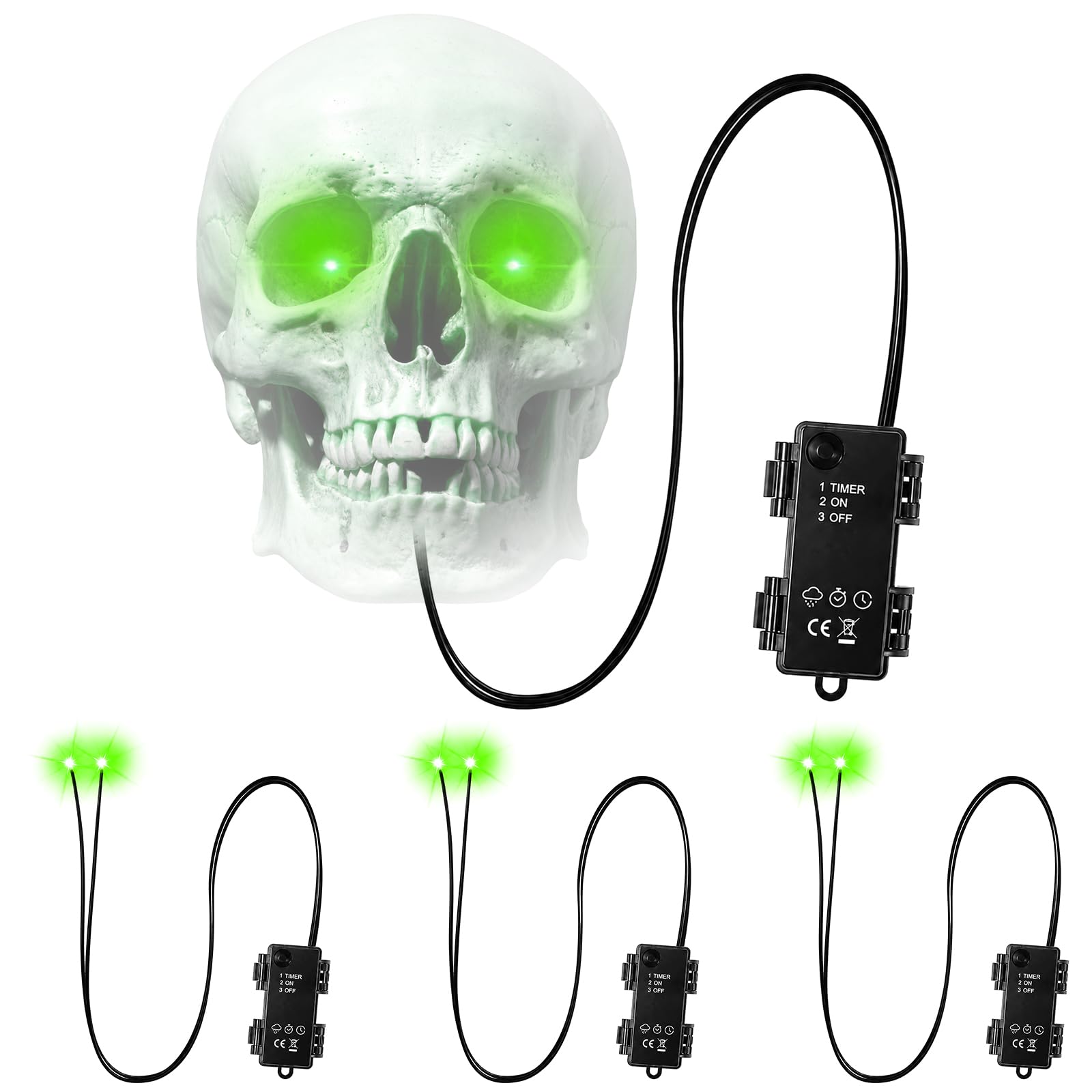 Green Glowing Skeleton Eyes with Timer, Waterproof Halloween LED Lights