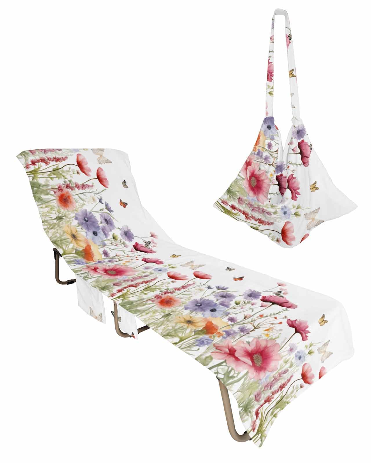 Botanical Beach Chair Towel Covers for Chaise Lounge with Side Pocket, Soft Plush Pool Towels Cover for Patio Sunbathing Outdoor 29''x85'' Spring Flower Garden Plant Leaves Herb White