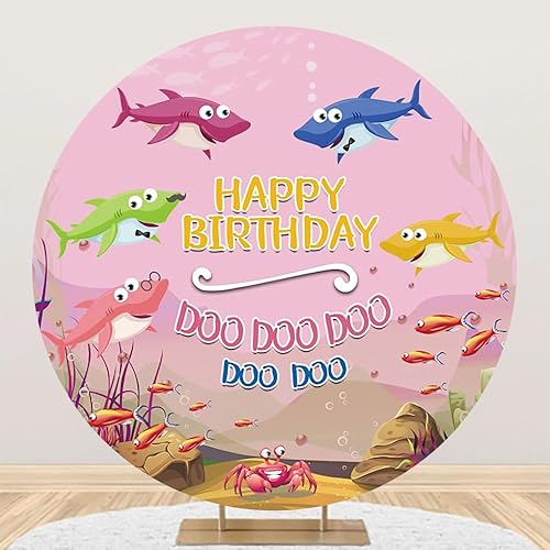 Renaiss Fundas de fondo redondas de 7.2 x 7.2 pies para sesión de fotos, retratos de niños, tiburones coloridos, peces, Doo Doo Doo, círculo rosa,