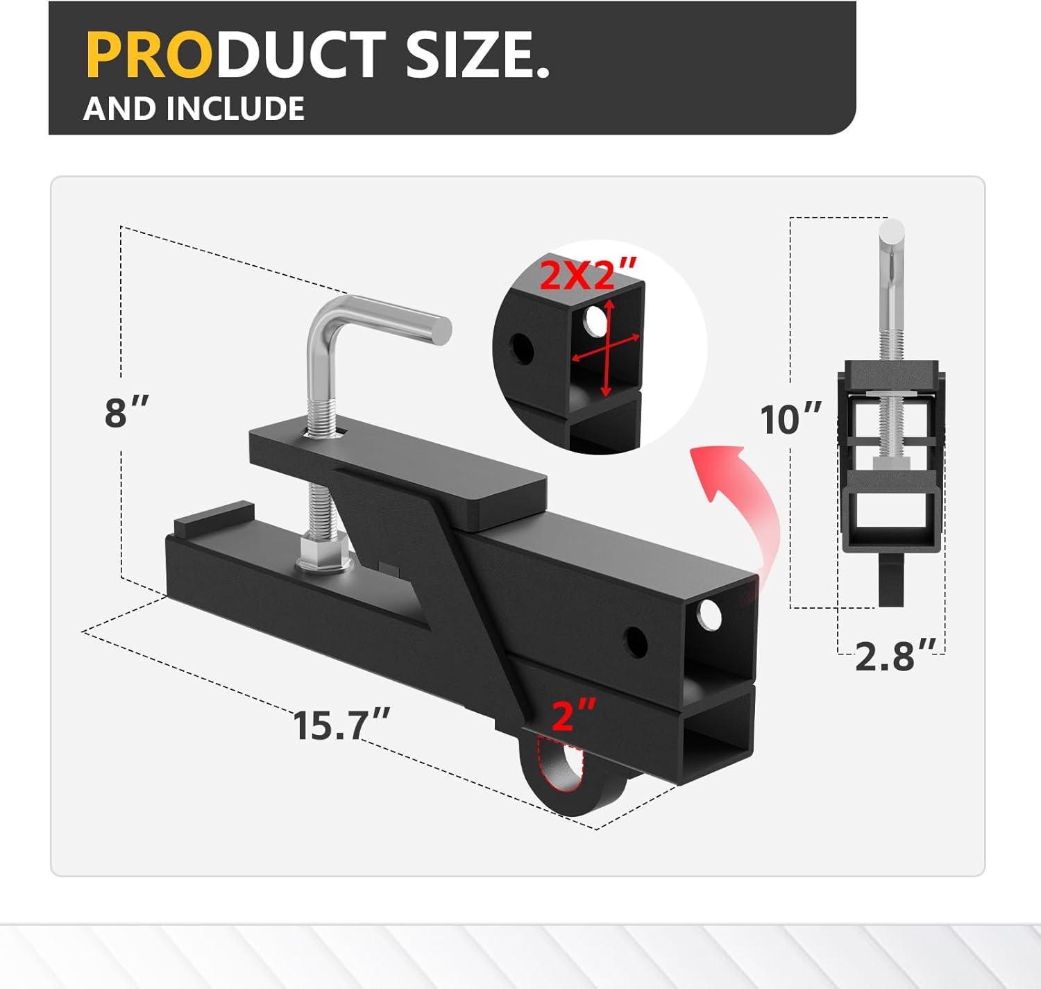 Tow Hitch 2 Inch, Clamp-On Tractor Bucket Hook Receiver Compatible with 2" Front Bucket Lips, 1100 LB Towing Capacity, Adapter Quick Attach Receiver Chain Hook for Lifting and Carrying Ring