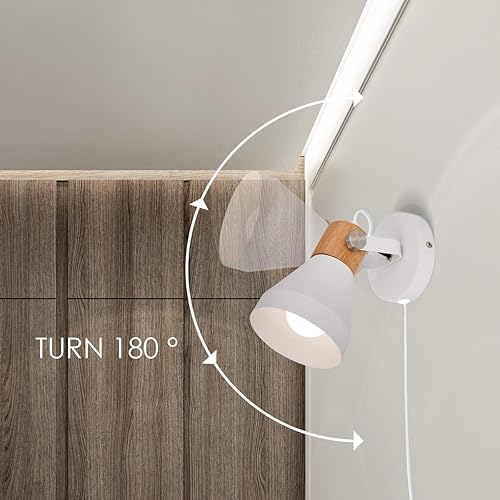 Miniatura 2 de Apliques de pared modernos enchufables, foco ajustable, acento de madera natural, lámparas de pared blancas mate para dormitorio, sala de estar,