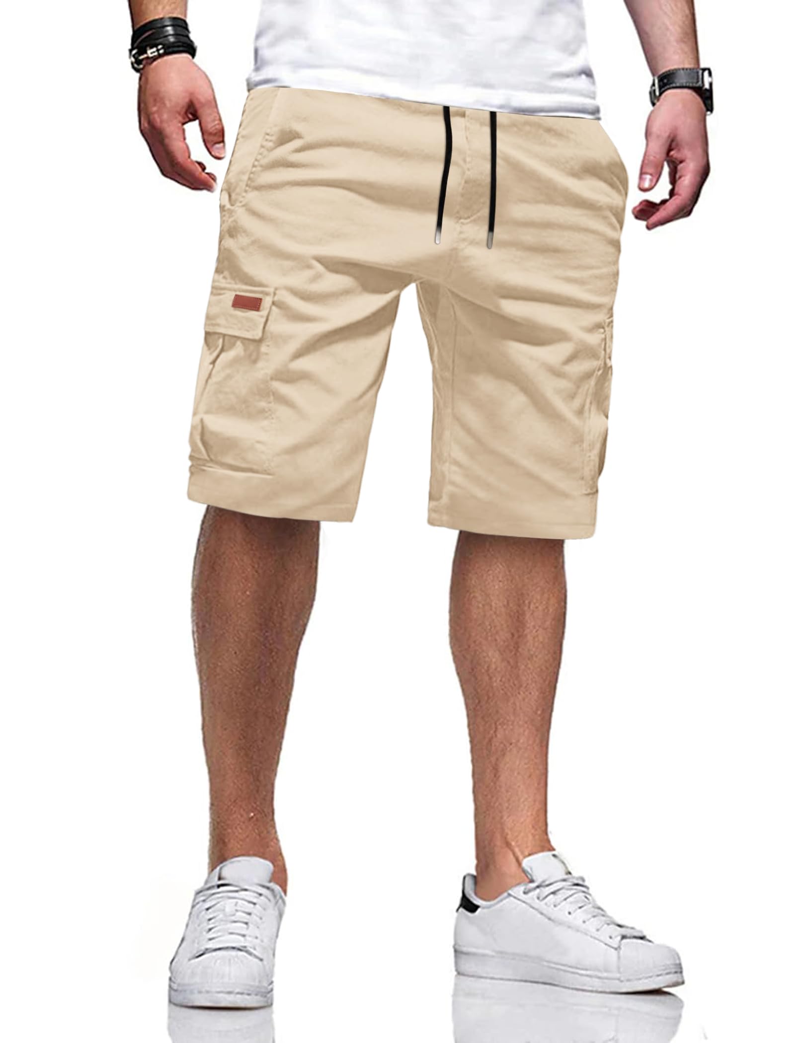 TARAINYA Cotone-Twill Cargo Pantaloncini Uomo con Cordino e Tasche | 97%Cotone;3%Elastan;Vestibilità Comoda;Cintura Elastica Con Cordoncino;2 Tasche Pratiche Con Bottone A Pressione;Outdoor