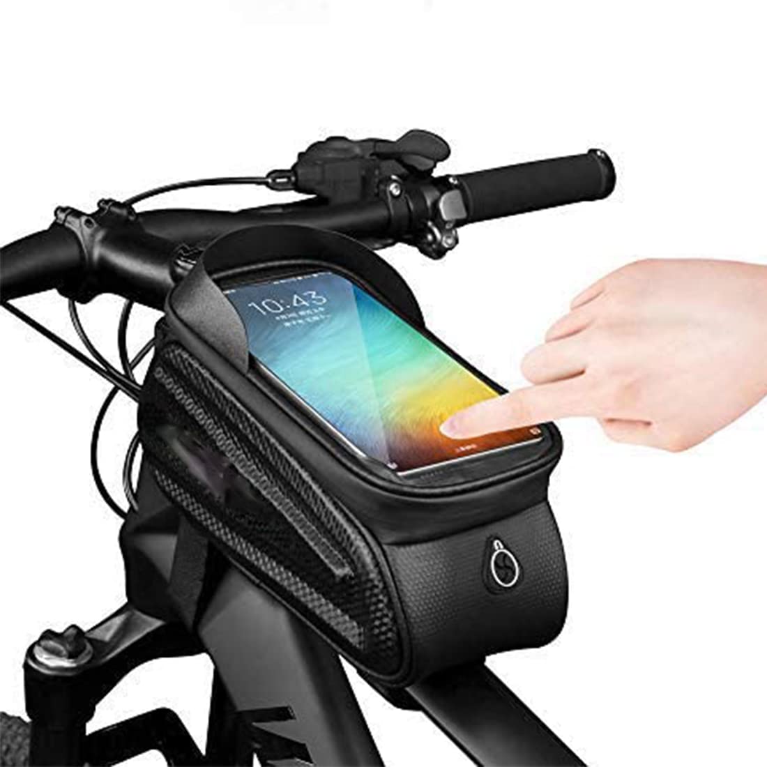 Bike Frame Bag, Waterproof Bicycle Phone Mount Bag, Touch Screen Bicycle Bag with Sun Visor & Headphone Jack, Large Capacity Bike Bag with Reflective Strip Design for Below 7” Phone
