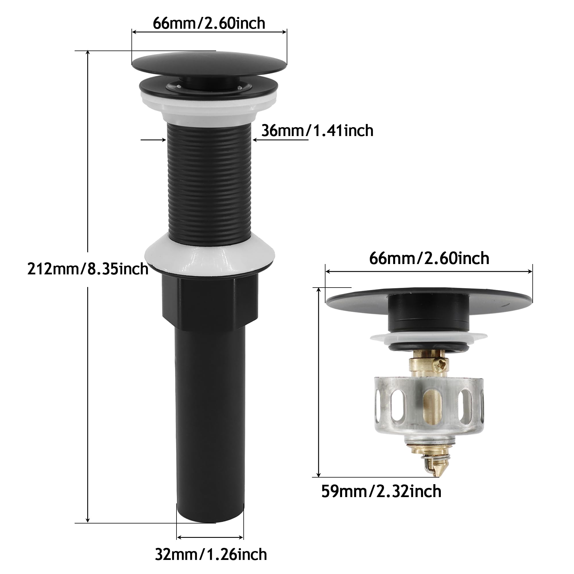 Juego de 4 tapones de drenaje sin desbordamiento, conjunto de drenaje desplegable con cesta de colador desmontable, antiobstrucción integrada, tuerca de acero inoxidable mate negro
