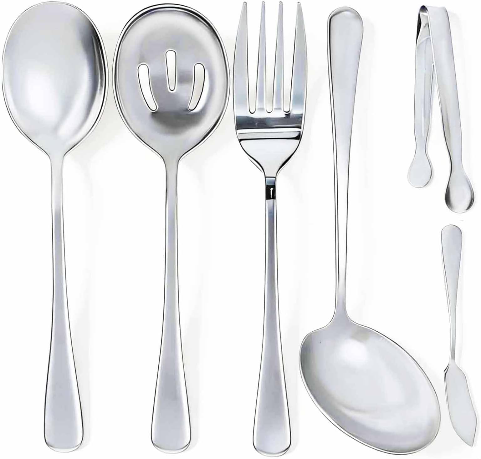 6 PCS Stainless Steel Serving Utensils Set Large Spoons Forks Ice Tongs Cake Finisher Soup Ladle for Buffet Catering Party Silver