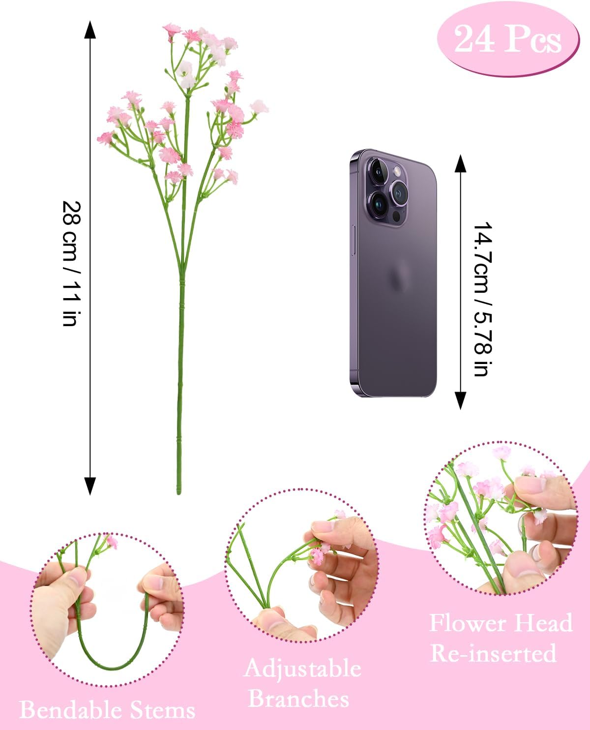 Babys Breath Artificial Flowers, 24Pcs Fake Baby Breath Flowers Artificial Bulk Faux Gypsophila Real Touch Flowers for Wedding DIY Bouquet Arrangement Party Home Garden Decor, Pink - Image 6