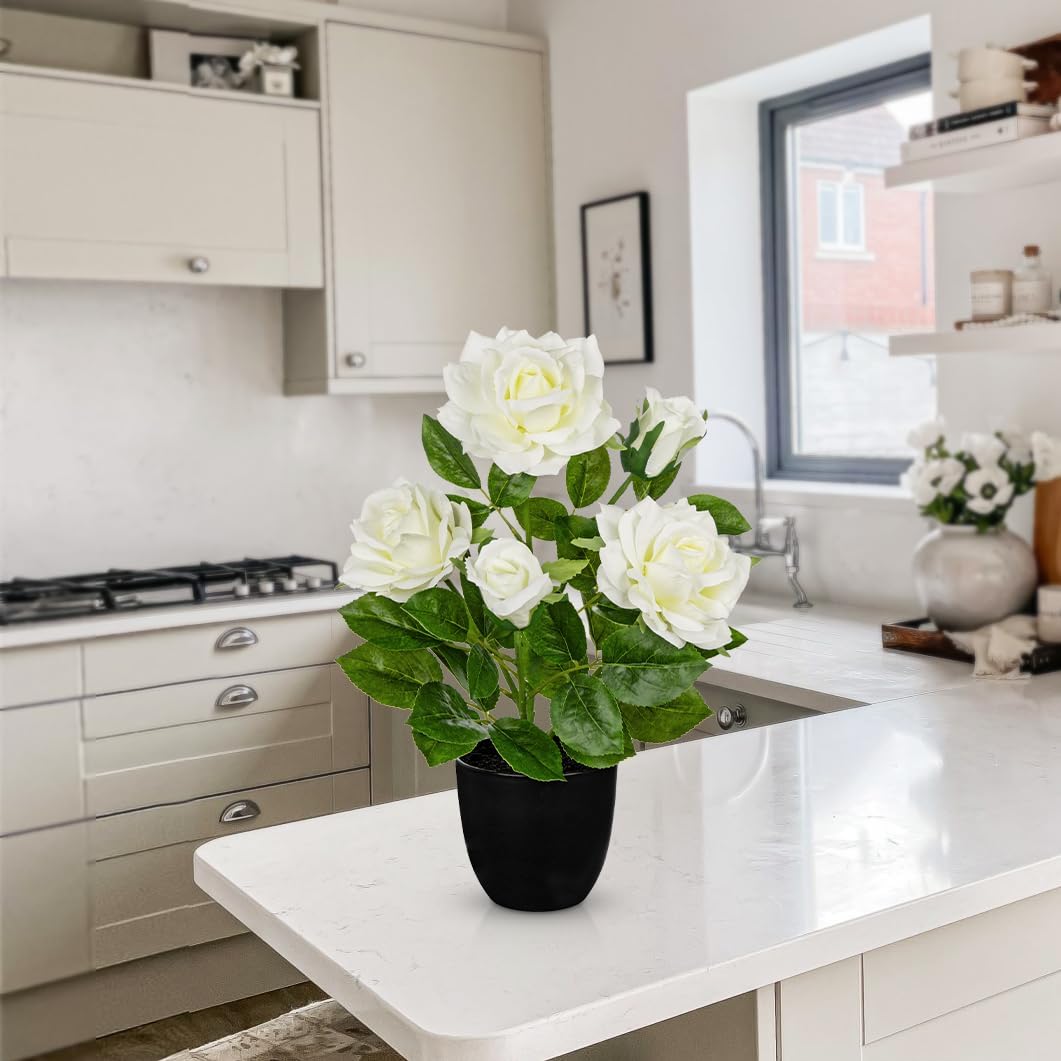16.5" Roses Artificial Flowers in Pot, White Fake Rose Flowers Arrangement with 3 Blooms 2 Buds, Decorative Potted Floral Centerpieces for Home Table Office Desk Kitchen Counter Farmhouse Decor