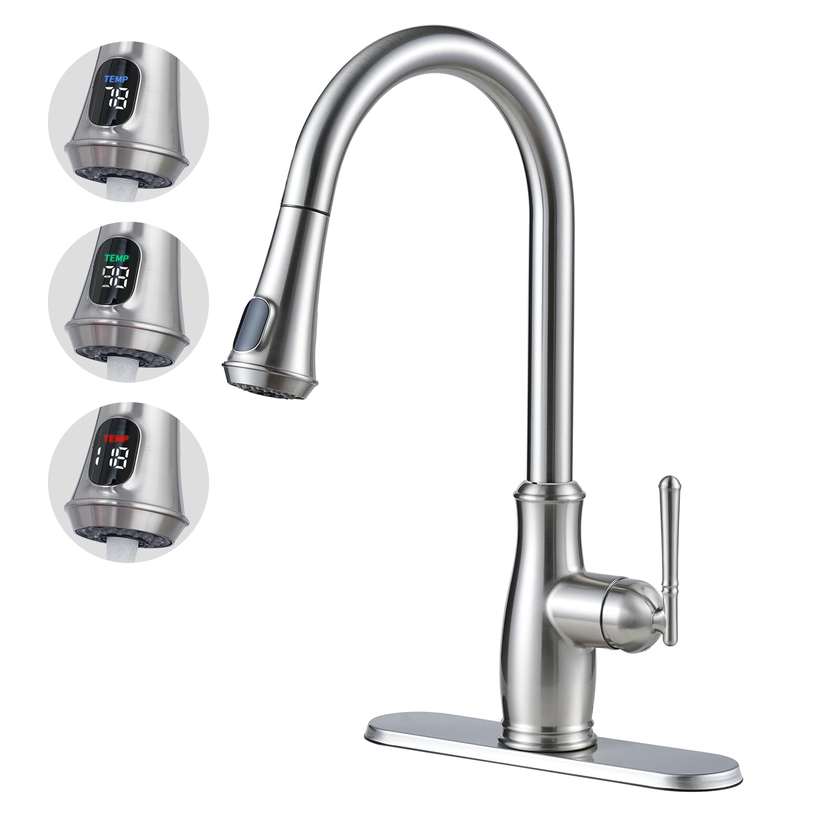 VXV Kitchen Faucet with Pull Down Sprayer, 18 Inch Single Handle High Arc LED Aerator Stainless Steel Commercial Kitchen Sink Faucets with Deck Plate Brushed Nickel