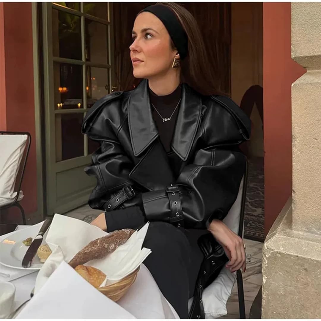 THLAI Womens PU Leather Jacket Long Sleeve Retro Collar Motorcycle Jacket Casual Coat - Image 5