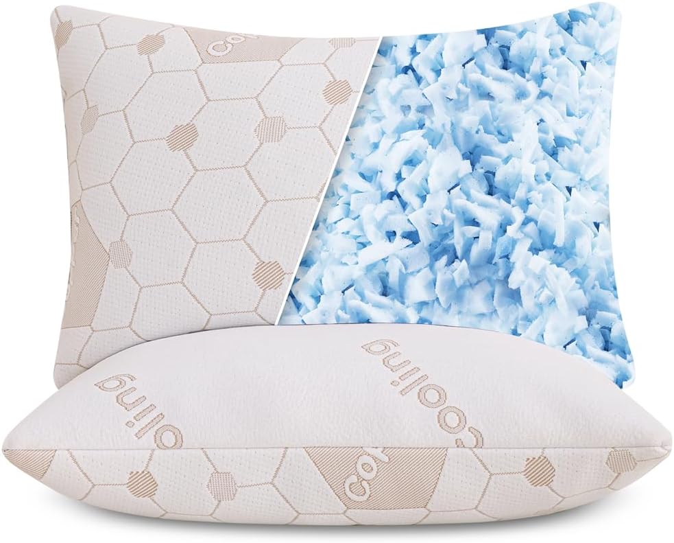 Marina Decoration Home Bedroom Ensemble Copper Cooling Bed Pillows for Sleeping, Luxury Shredded Memory Foam Pillows, Reversible Bedding Cool Pillow for Side Back Stomach Sleeper, 2 Pack Queen Size