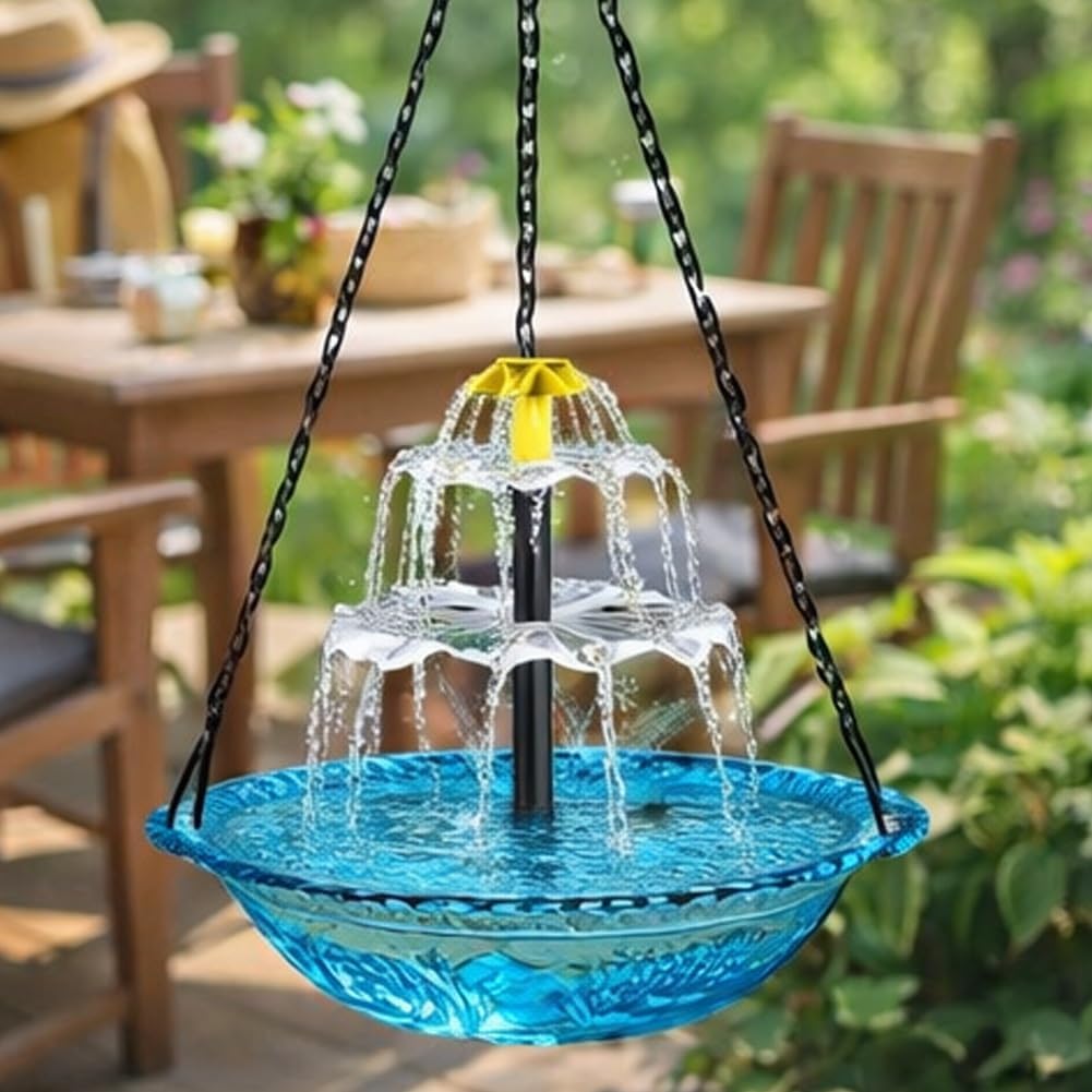 Solar Cascade Hanging Bird Bath Fountain, Hummingbird Water Fountain, Hanging Birds Bath with Solars Pump & Glass Bowl for Outdoor Gardens Backyard Patio Lawn Decorative Gifts(Blue)