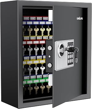 Uniclife 70 Position Key Cabinet with Combination & Key Lock Wall Mounted Security Keys Safe Key Organizer Black Digital with Keypad Adjustable Racks Key Tags & Permanent Pen Batteries Not Included