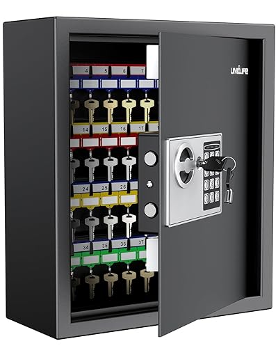 Uniclife 70 Position Key Cabinet with Combination & Key Lock Wall Mounted Security Keys Safe Key Organizer Black Digital with Keypad Adjustable Racks Key Tags & Permanent Pen (Batteries Not Included)