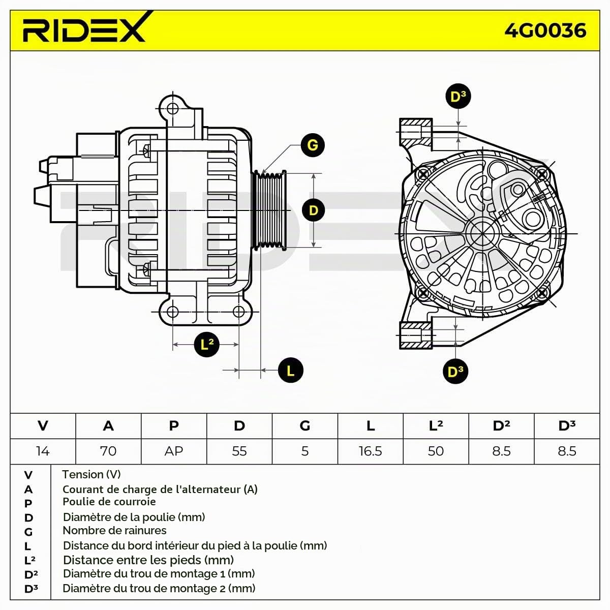 RIDEX Alternateur 12V, 70A, 71721122 71722864 71783771 Compatible avec FIAT 500 3 portes 312 Panda II 5 portes 169 Grande Punto 3/5 portes 199 Punto II 3/5 portes 188, ALFA ROMEO MITO 955