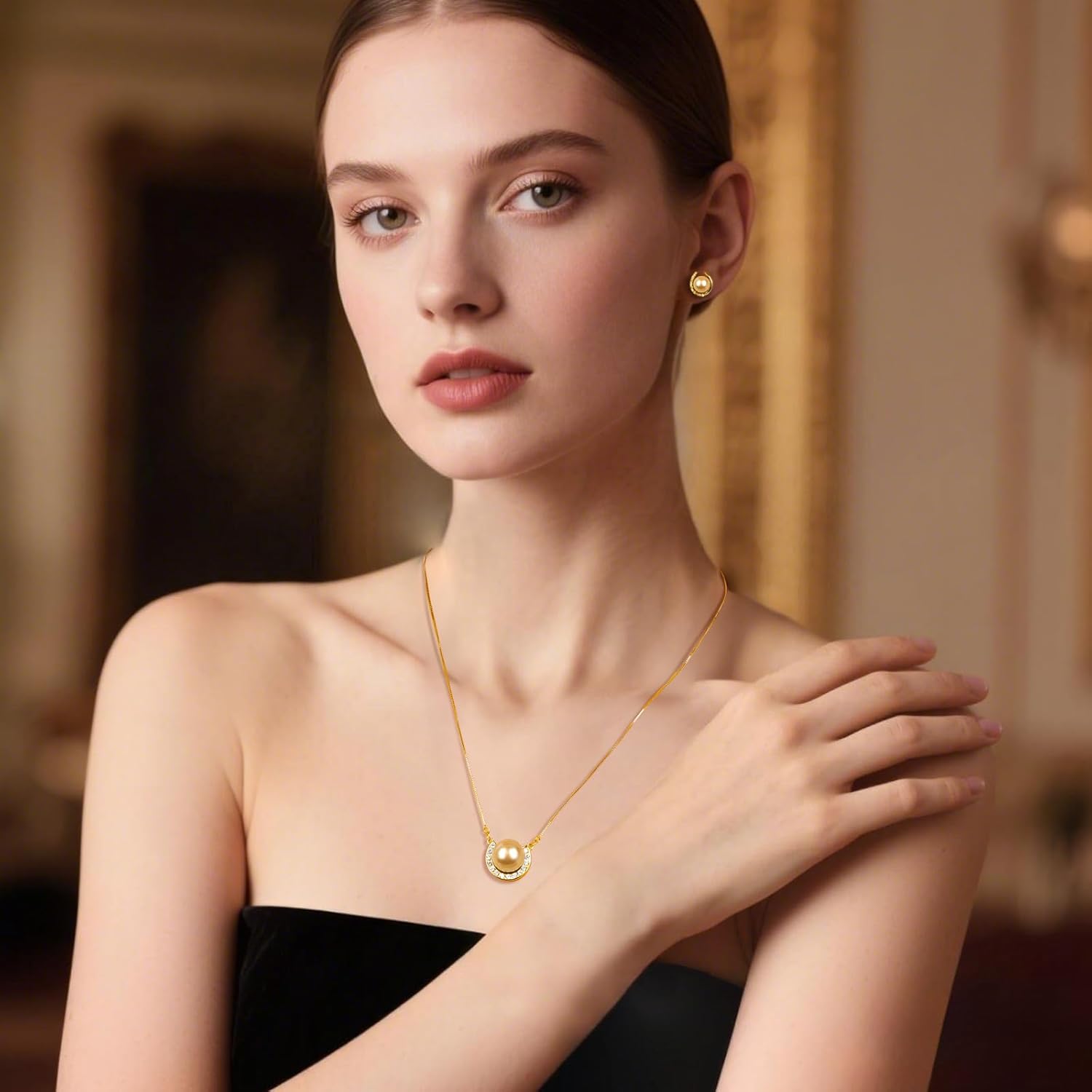 YAMI Pearl Jewelry Set for Women, Natural Cultured Pearl 11-12mm, 925 Sterling Silver with 5A Cubic Zirconia, Wedding Jewelry Sets, Valentine's Day/Mother's Day/Christmas Gift - Image 4