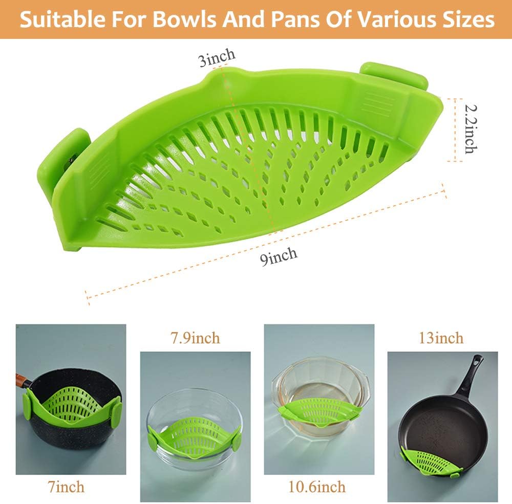 YEVIOR Clip on Strainer for Pots Pan Pasta Strainer, Silicone Food Strainer Hands-Free Pan Strainer, Clip-on Kitchen Food Strainer for Spaghetti, Pasta, Ground Beef Fits All Bowls and Pots - Green: Home & Kitchen