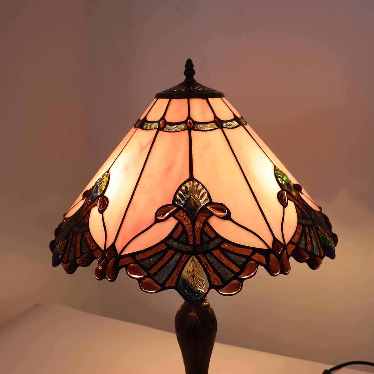 Bieye S10992 Tiffany Style Stained Glass Baroque Lampshade (17-inch Wide Pink)