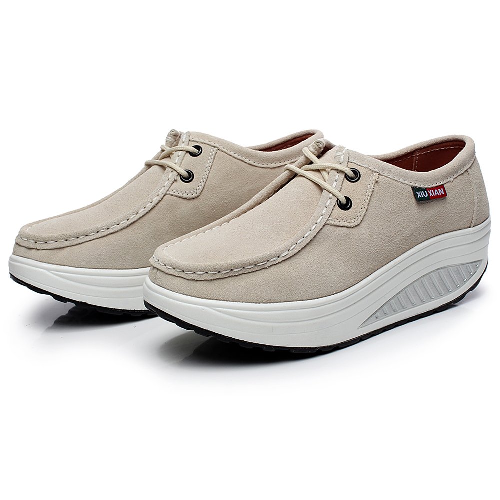 rismart Mujer Plataforma Calzo Aptitud para Caminar Beige Ante Cuero Entrenadores Zapatos