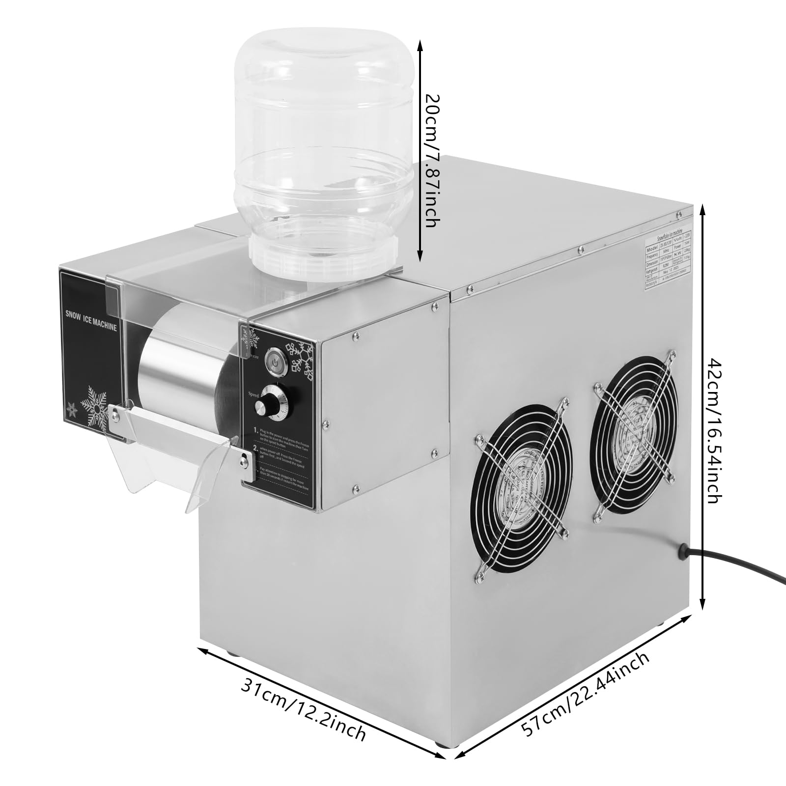 Professionelle Schneeflockeneismaschine 120kg/Tag 304 Edelstahl 8 Geschwindigkeiten Luftkühlung Doppelbehälter 5L x2 220V