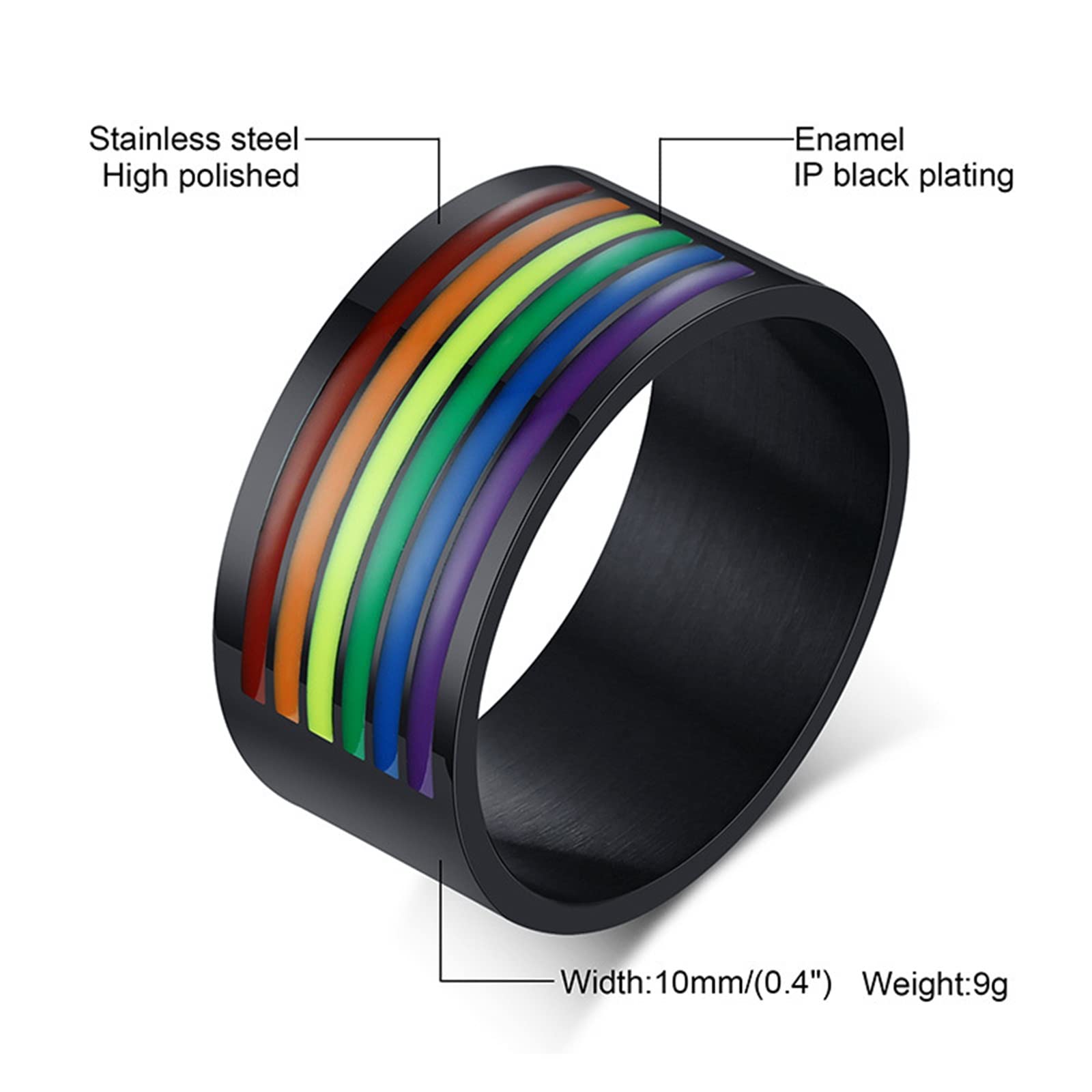 Zestaw pierścionków dla lesbijek dla par, zestawy obrączek ślubnych ze stali nierdzewnej, możliwość personalizacji rozmiaru od 1/2 do X 1/2 10 mm, czarny pierścionek LGBT z tęczową emalią, Women N 1/2 + Men N 1/2, Bez kamienia szlachetnego