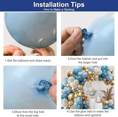 Vista 3 de Kit de guirnalda de globos azul polvoriento, azul niebla, azul real, azul pastel, arena, blanco, dorado metálico, globos de látex para despedida