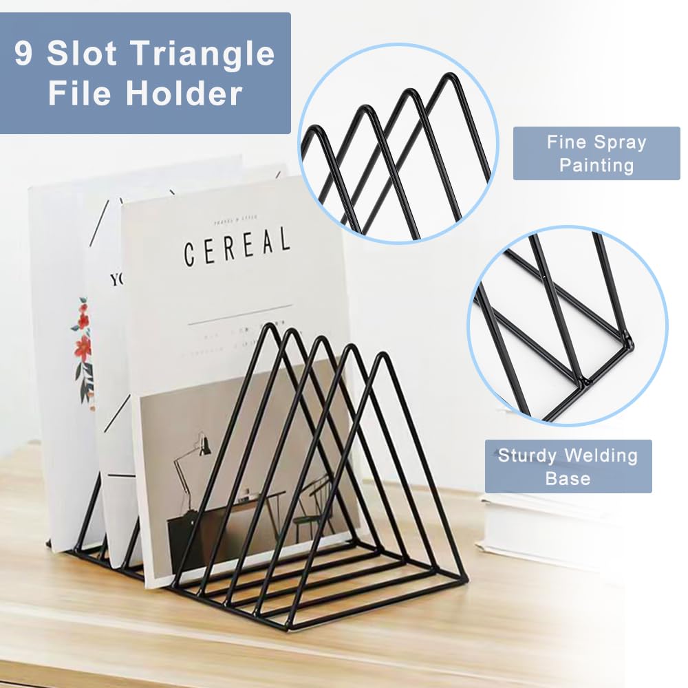 4 pezzi porta documenti triangolari, porta riviste a 9 scomparti, supporto metallico per dischi in vinile, organizer da scrivania per documenti e riviste per ufficio e casa, porta lettere e libri