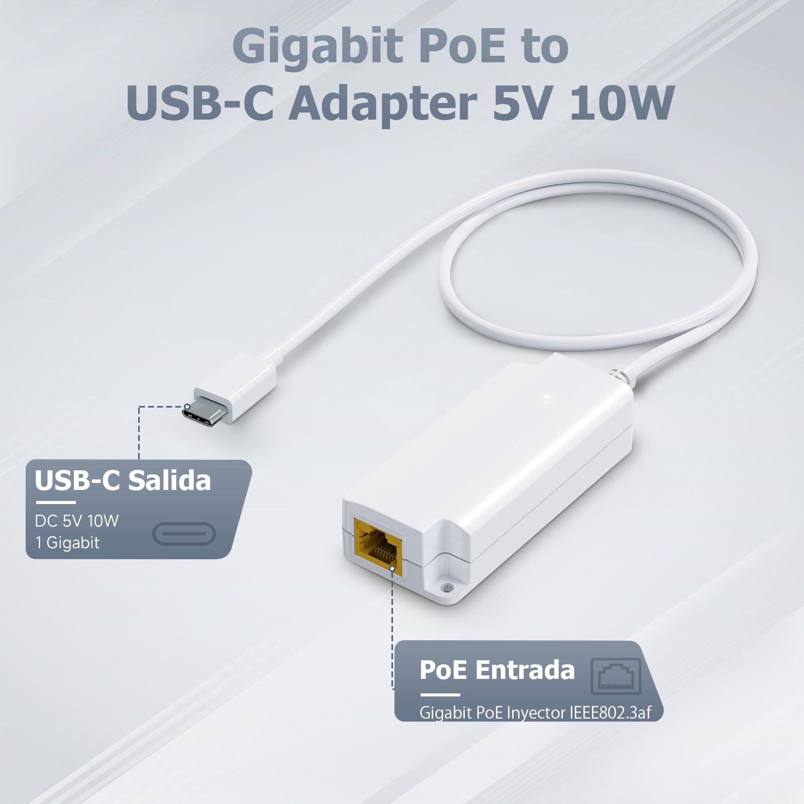 PROCET Convertidor PoE a USB-C - Adaptador Gigabit 10/100/1000Mbps, Salida 5V 2A 10W, IEEE802.3af/at Compatible Con Tablet/iPad