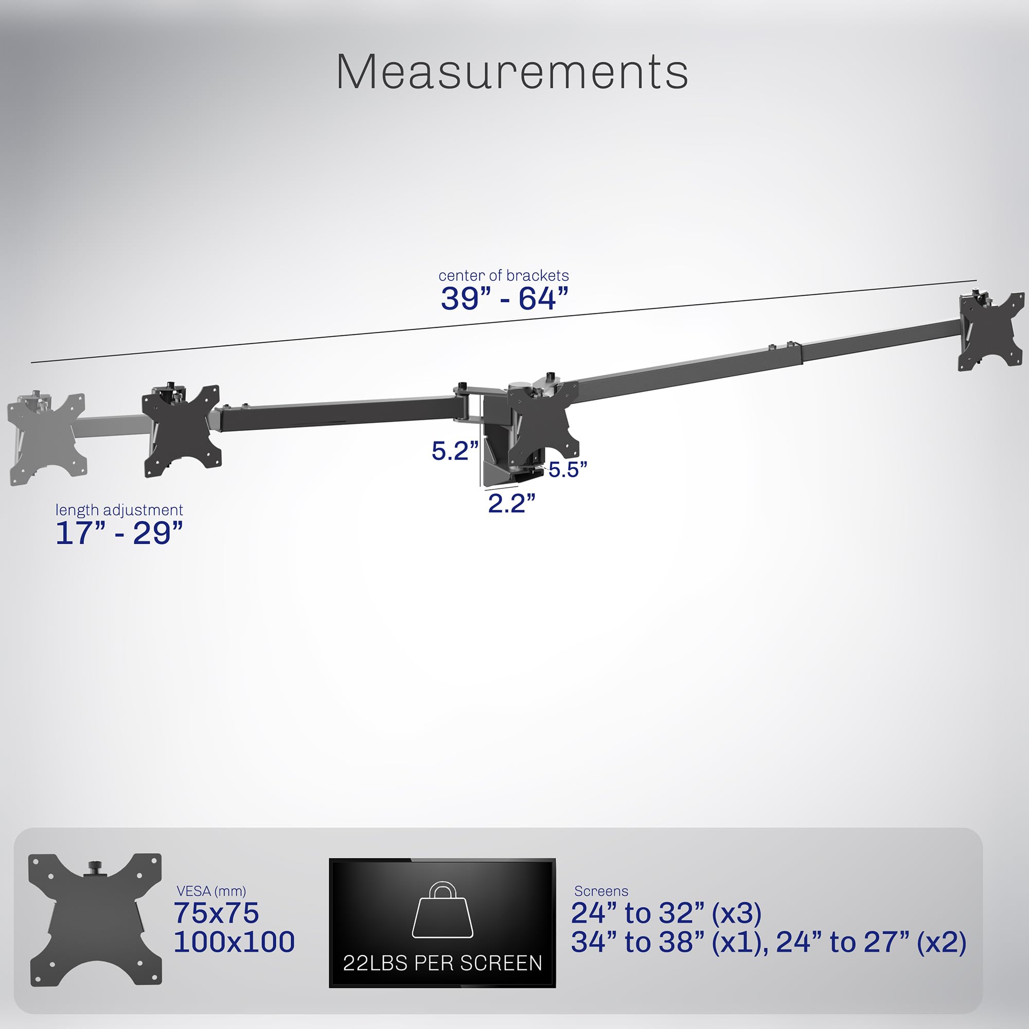 Vivo MOUNT-TS03C Support Mural pour Triple Moniteur, 3 écrans jusqu'à 10 kg, Ultra Large sur Le Support Central jusqu'à 96,5 cm, Bras télescopiques réglables, Montage Mural, Noir