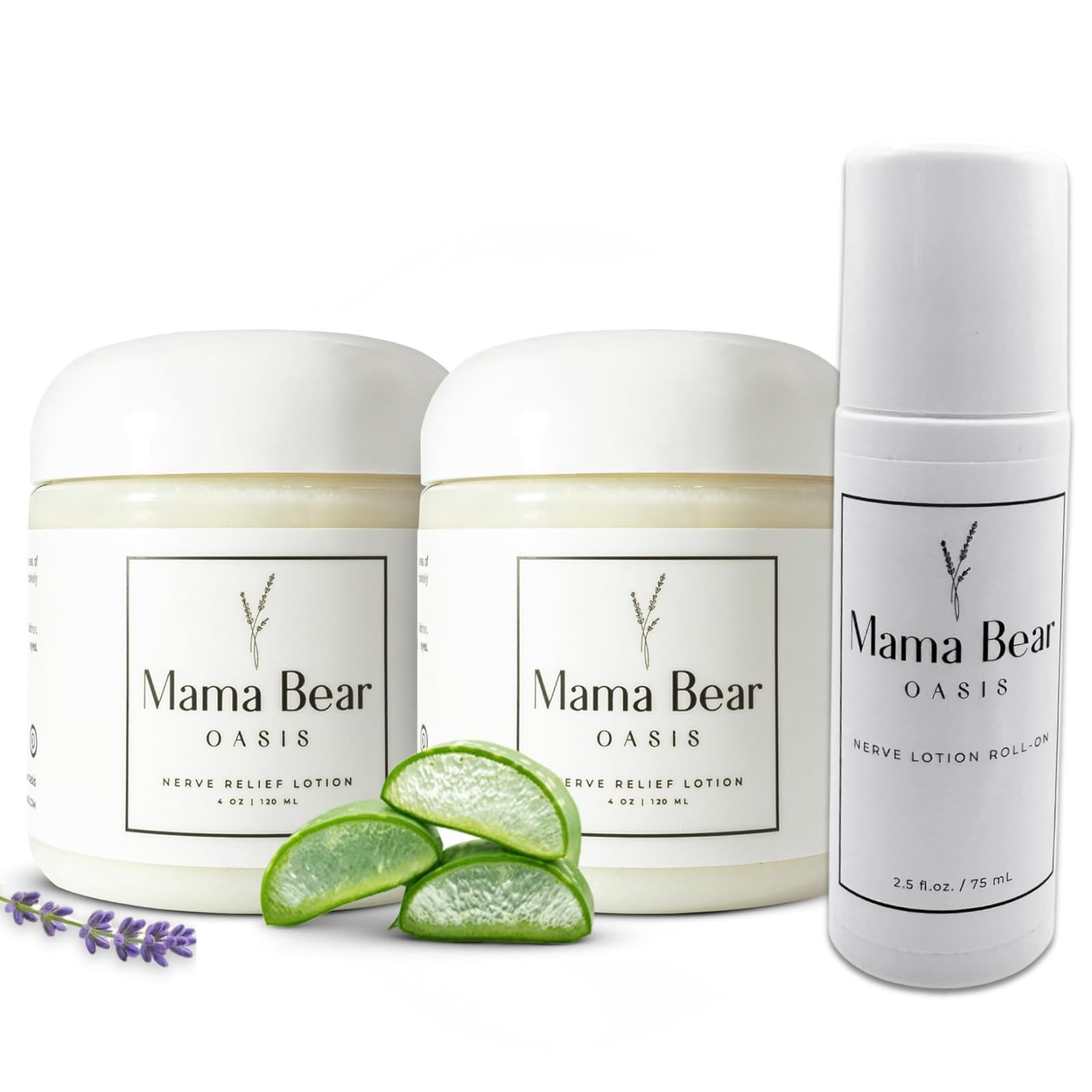 Mama Bear Oasis Comfort Bundle – Magnesium Lotion (2 pk) + Roll On Nerve Support | Fast Absorbing, Non-Greasy Relief with Natural Ingredients – Hydrating Cream for Feet, Legs, toes & Nerve Support