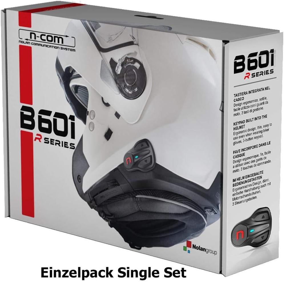 Close-up of the Nolan B601 R N-Com control unit keypad with three distinct buttons