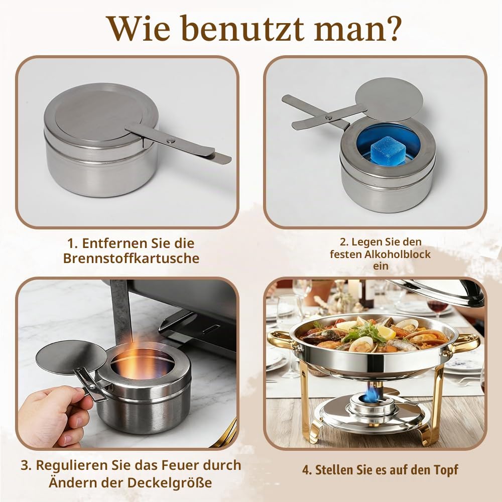 6 Stück Brennpastenbehälter mit Deckel Brennpastenbehälter Edelstahl Brennpaste Behälter Durchmesser Ø 9cm, Höhe 5 cm für Chafing Dish Brennpaste, Buffet Zubehör, Fondue