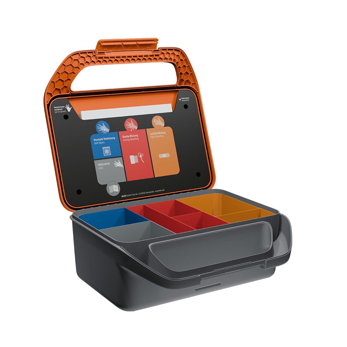 WERO Smart Case Erste-Hilfe-Koffer DIN 13157 erweitert, Allround | detektierbar, kompakt & robust, Farbleitsystem, staub- & spritzwassergeschützt, mit Wandhalterung