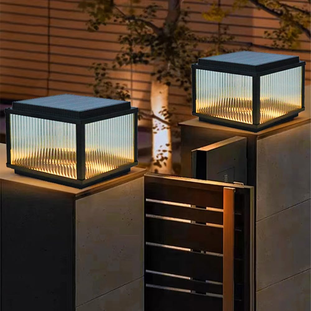Solar Outdoor Post Light Black Lantern Column Lamp IP65 Waterproof Pillar Post Lighting Solar Powered Fence Deck Lamps Garden Patio Yard Landscape Lantern Exterior Post Lights
