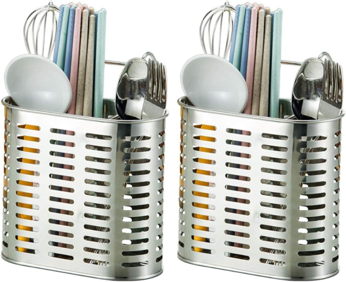 Stainless Steel Hanging 2 Compartments Mesh Utensil Drying Rack/Chopsticks/Spoon/Fork/Knife Drainer Basket Flatware Storage Drainer (Pack of 2)
