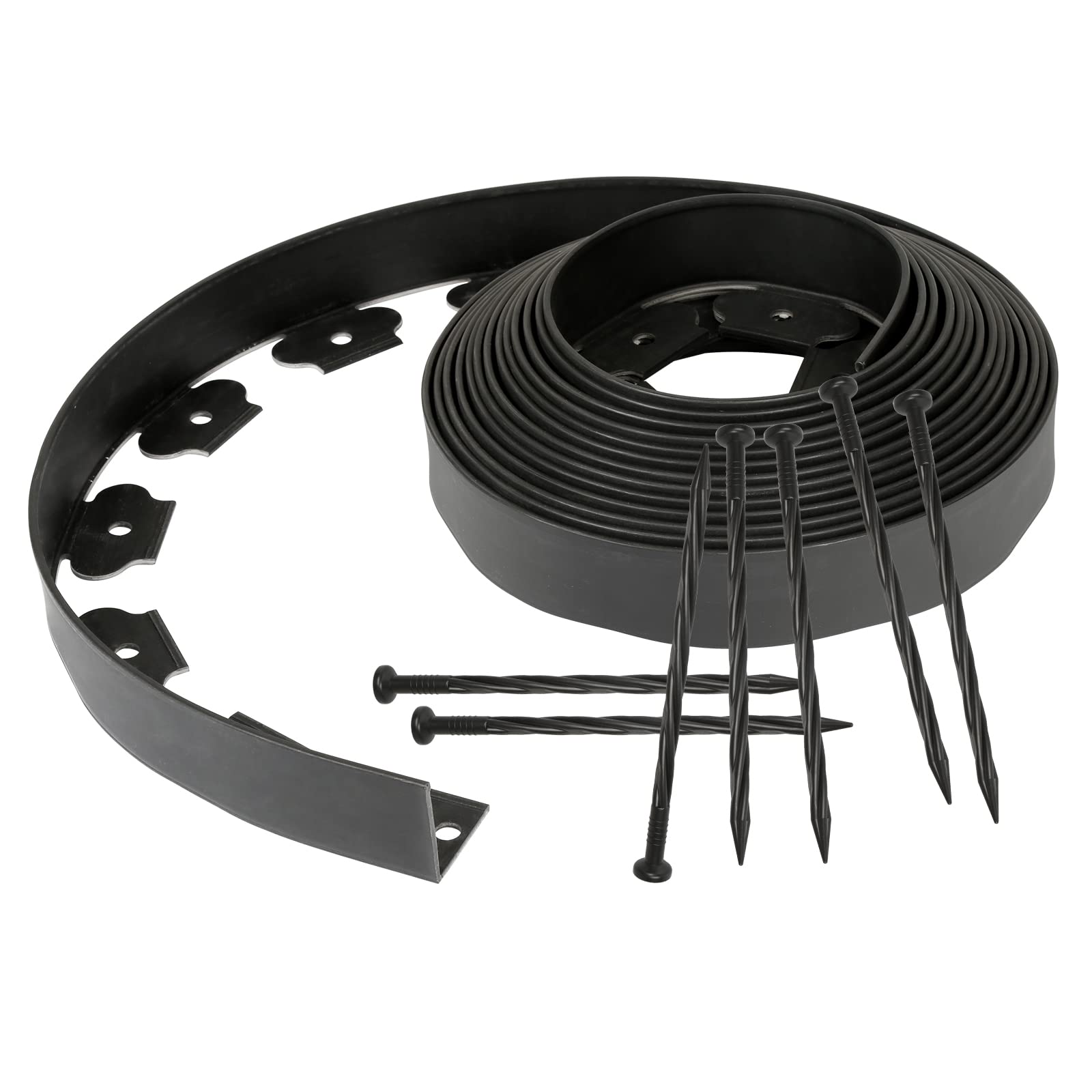 Fiqops Flexible Lawn Edging Border, 10m x 5cm Black PVC Garden Edging with 30 Securing Pegs, Cut-to-Fit Landscape Border for Lawns, Flower Beds, Paths and Gravel