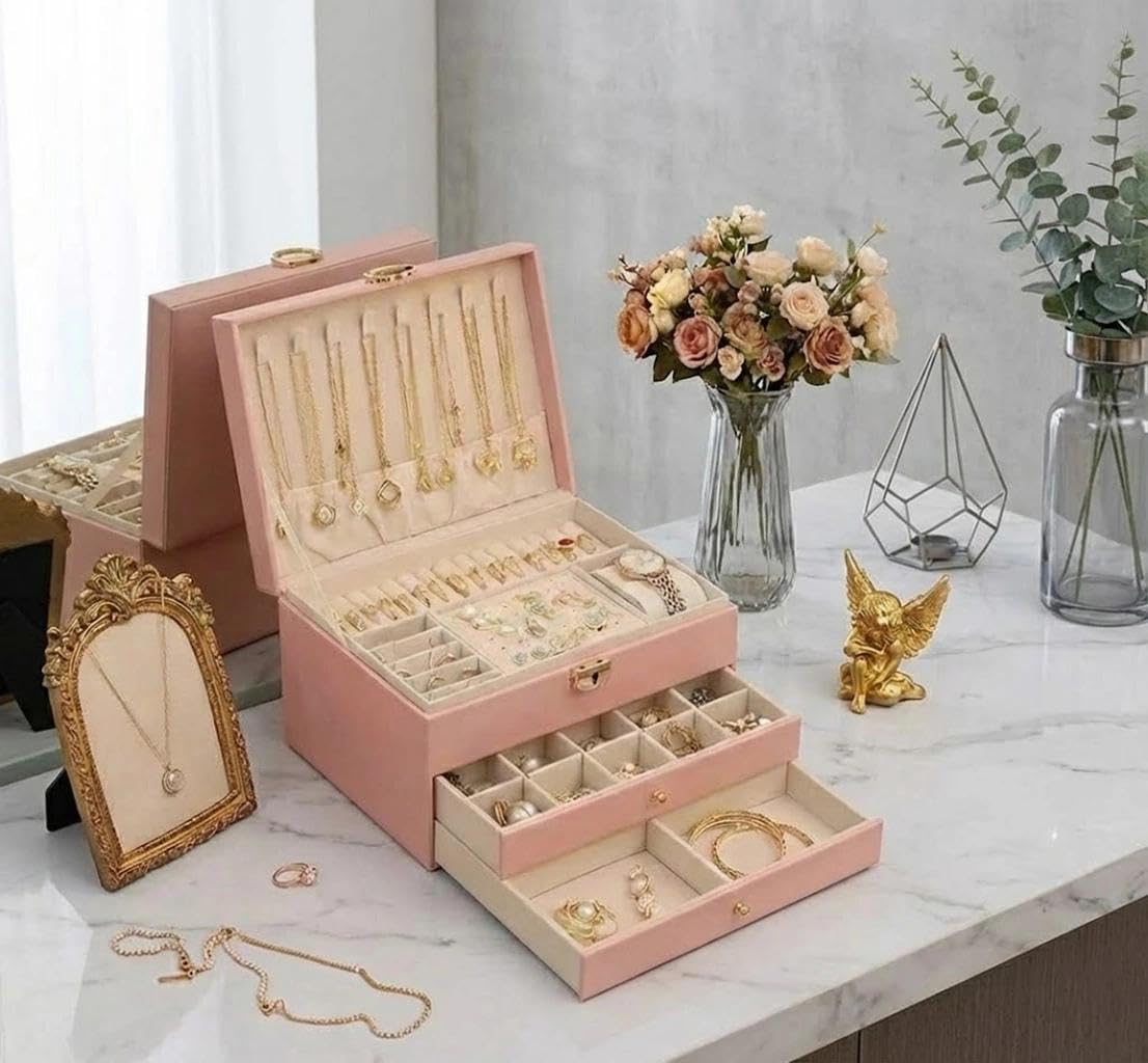 Joyero de 3 niveles, apilable, 2 cajones, caja de almacenamiento con compartimentos, con cerradura y llave, para pendientes, anillos, pulseras, collares (rosa)