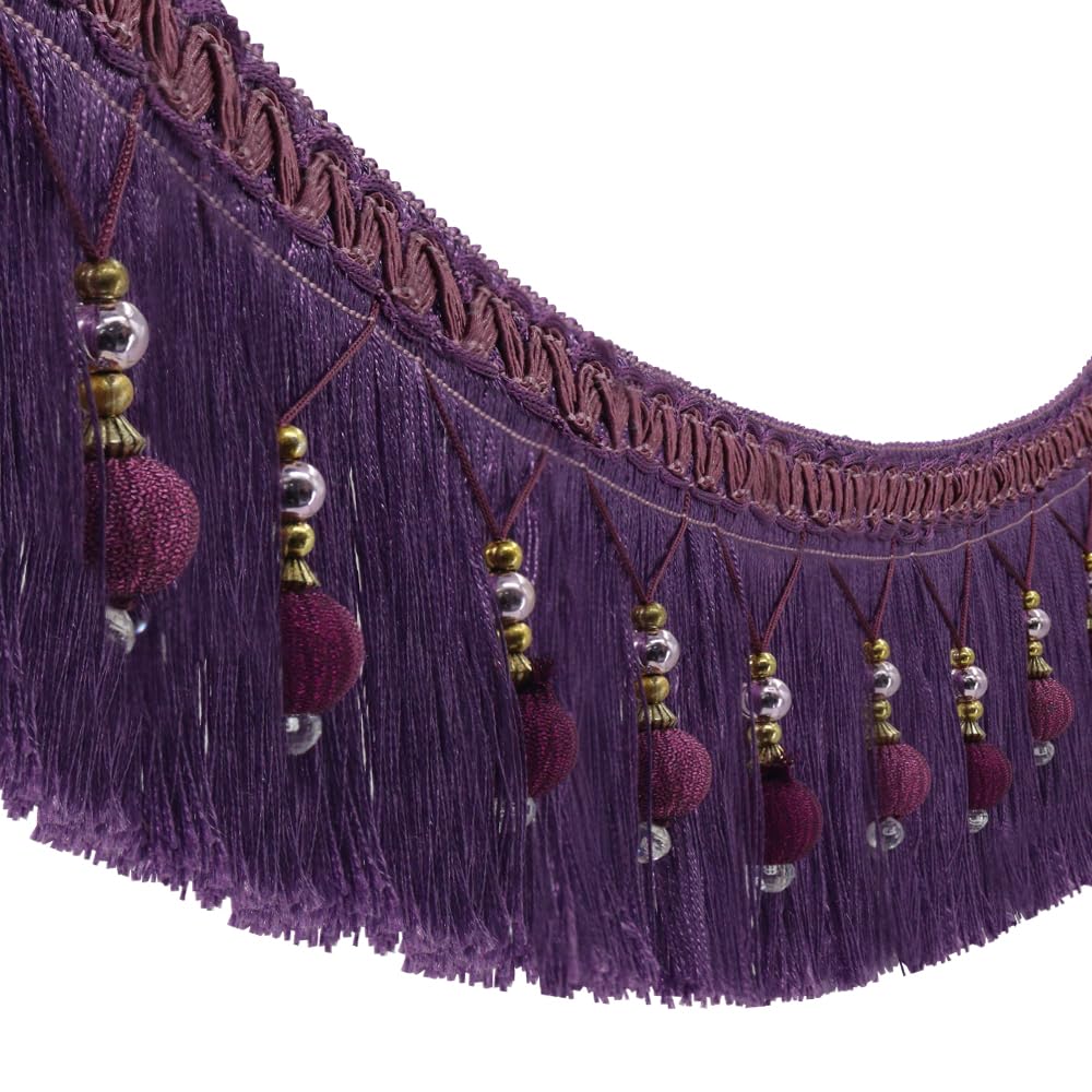 2 Yard Beaded Hanging Ball Tassel Fringe Trim - Purple Fabric Trimming For Curtains & Wedding Decor