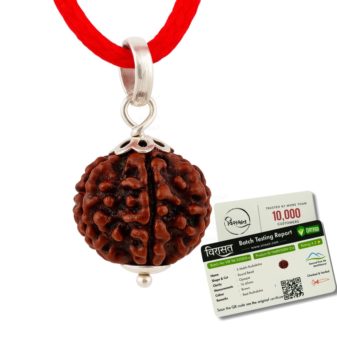 Virasit 5 Mukhi Rudraksha Original Certified Silver Plated Pendant | Natural Nepali Five Face Rudraksh Bead | Astrological Benefits | Unisex Design for Men & Women