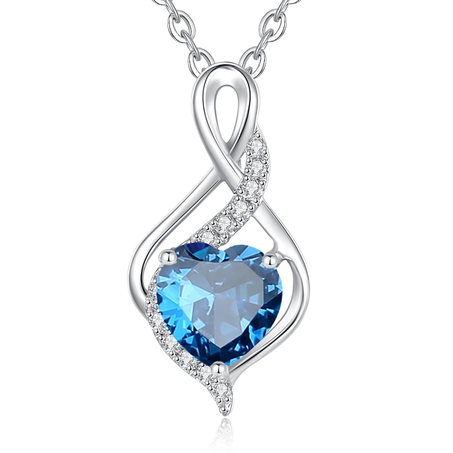 FANCIME Solide 14 Karat Weißgold Unendlichkeit Herz Geburtsstein und echt Diamant Anhänger Halskette, Feine Geschenk Schmuck für Damen Mädchen, 925 Silber Kette: 40 + 5 cm