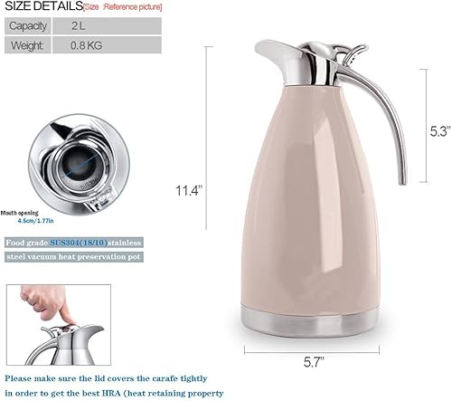 Miniatura 9 de Bonnoces Jarra térmica de acero inoxidable de 68 onzas termo aislado al vacío de doble pared con tapa jarra de cafété retención de calor y frío 2