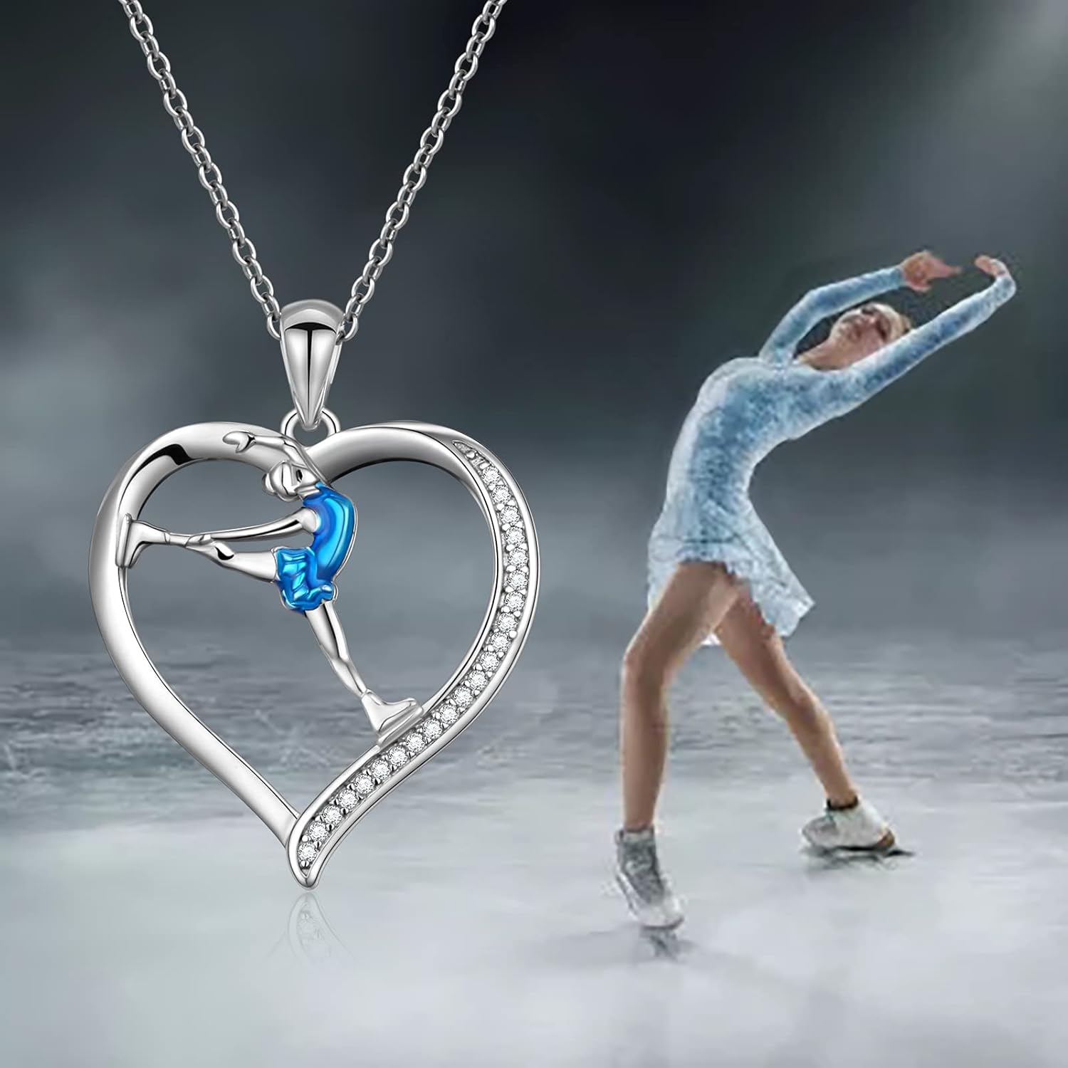 S925 Sterling Silver Ice Skating Sport Love Heart Charm Pendant Necklace Inspirational Jewelry Gifts for Women