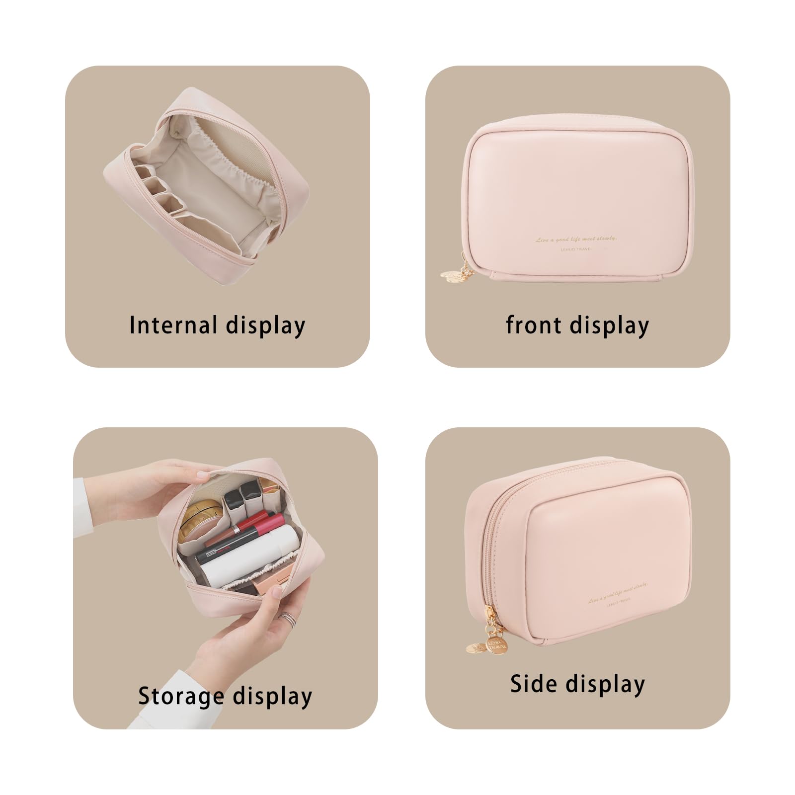 RIGHT AWAY Makeup Bag,Travel Cosmetic Bag Organizer with Zipper,Waterproof Toiletry Bags Makeup Pouch for Purse, Small Make Up Bag &Cases with Compartments for Women Girls?Pink?