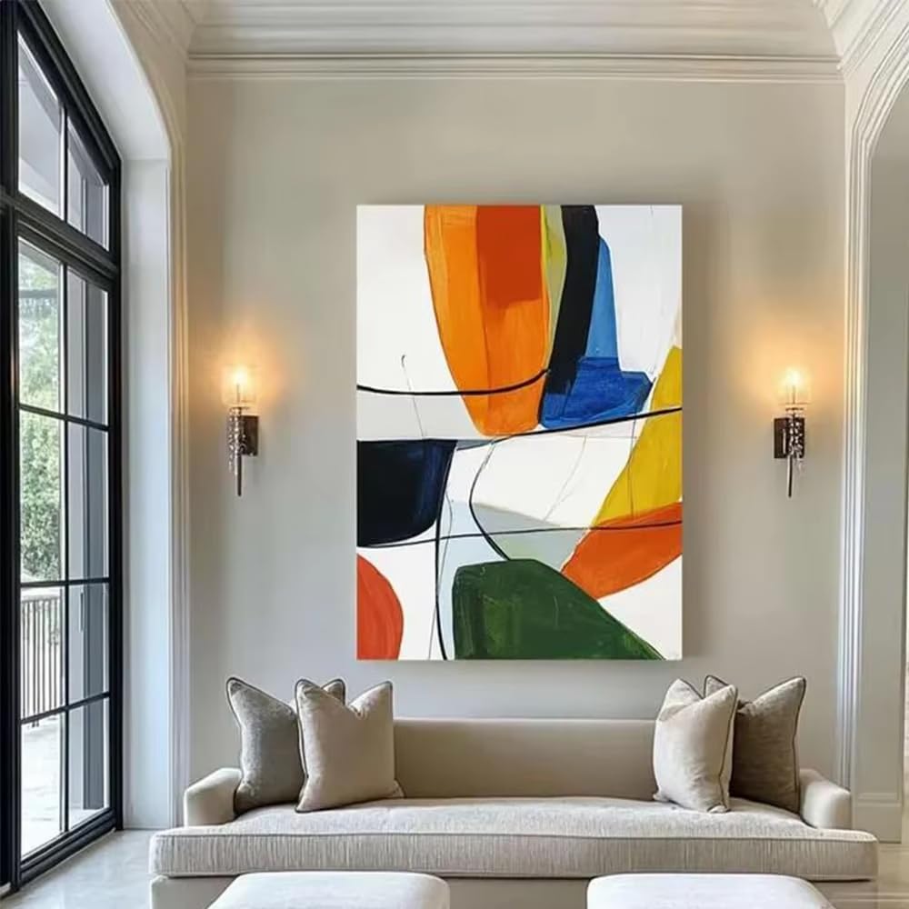 AEFOUU Large Abstract Colorful Geometric Painting on Canvas Orange Green Minimalist Wall Art Boho Living Room Home Decor Picture(80x140cm/32x55in/Frameless)