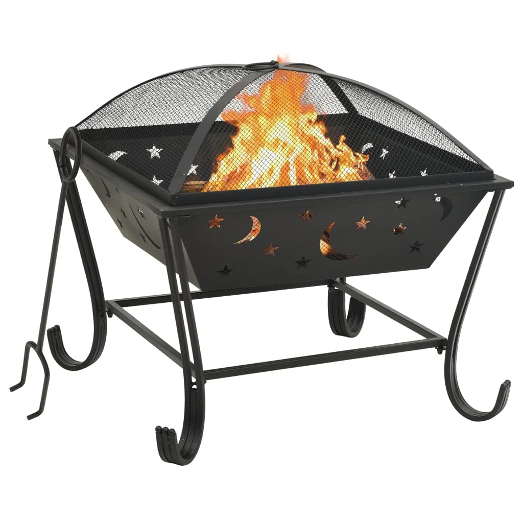 Stahl Feuerkorb XXL 62 cm mit Schürhaken und Funkenschutz für Terrasse, große Feuerschale für langanhaltende Wärme im Garten