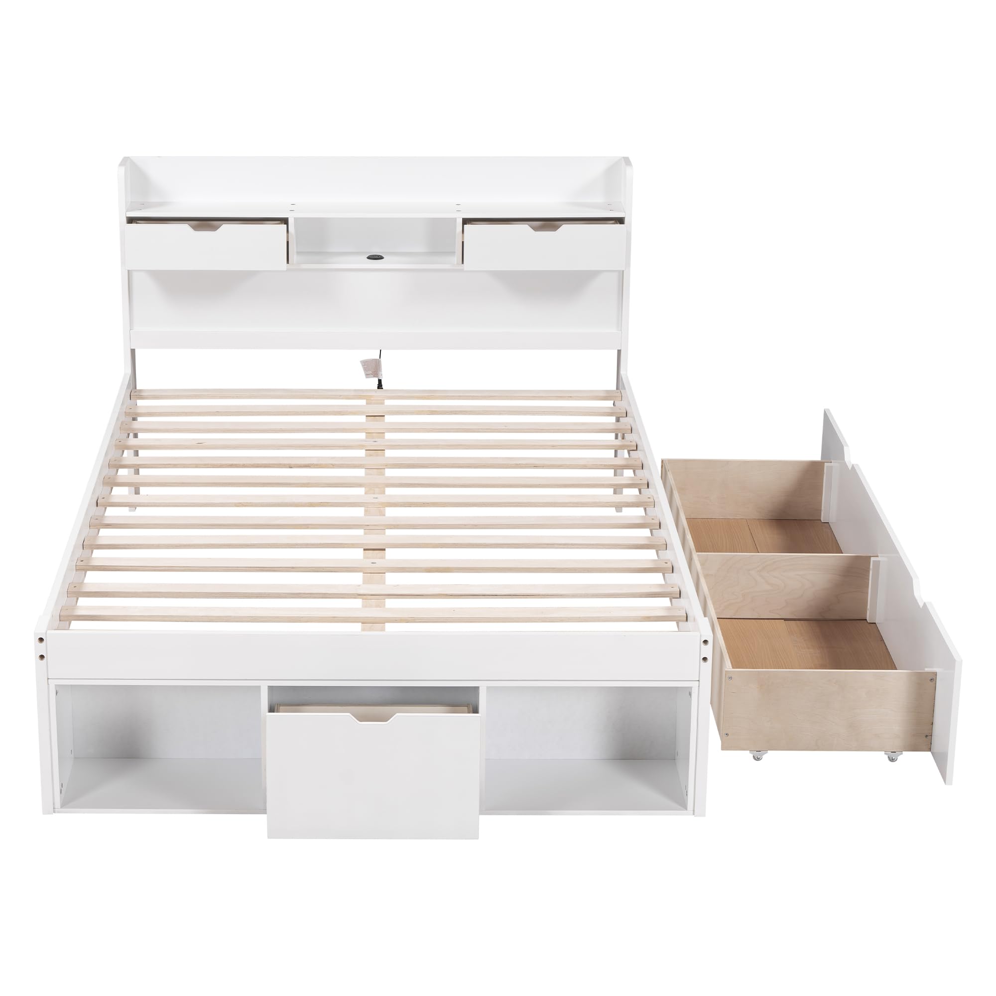 Rtopsu Rtopu Letto Matrimoniale in Legno 140x200 cm con Testiera USB, Letto con 3 Cassetti Contenitore e Portaoggetti, Struttura del Letto con Rete e Doghe, Bianco, Senza Materasso