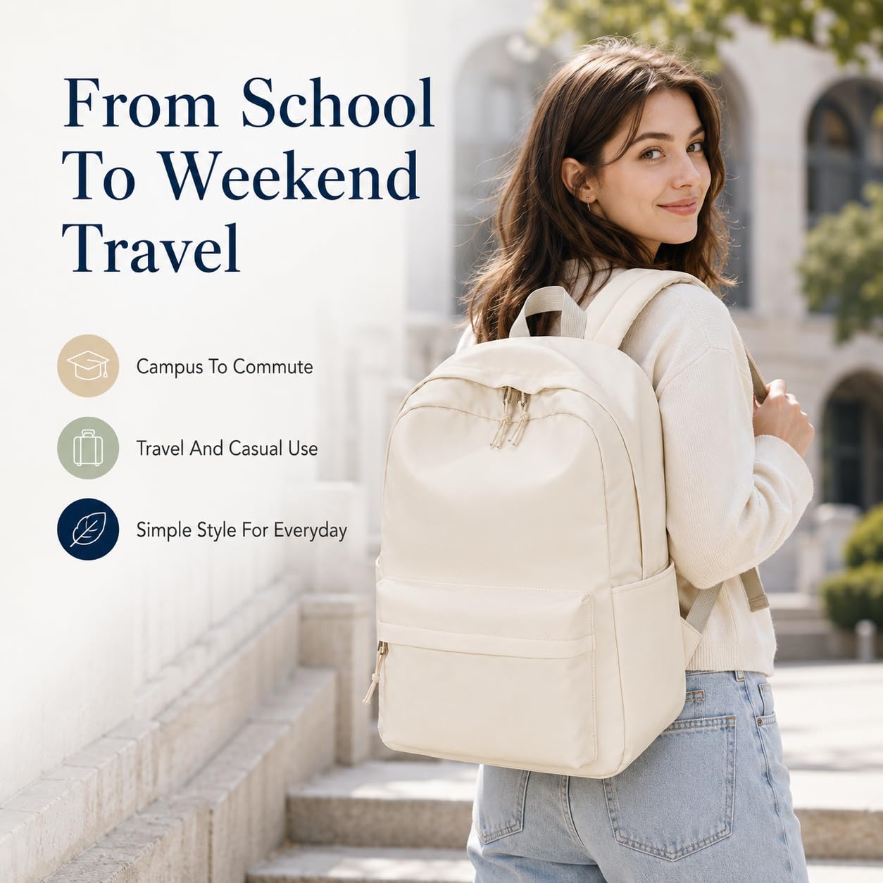 Bluboon School Backpack for Teen Girls Women Laptop Backpack College Bookbags Middle School Travel Work Commuter Back Pack(Solid Beige)