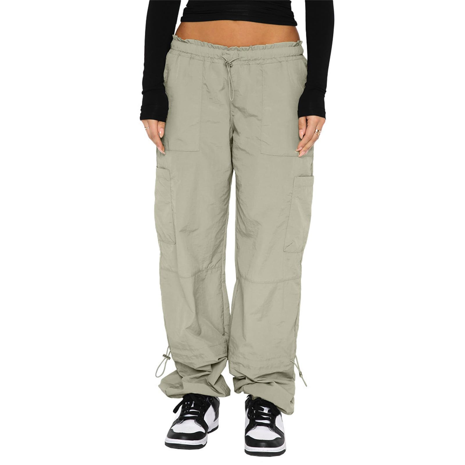 Bukknye Women's Green Wide Leg Cargos Parachute Pants Baggy High Waist Y2k Straight Fit Cargo Trousers 90S Fashion Aesthetic Casual Jogger Trousers With Drawstring