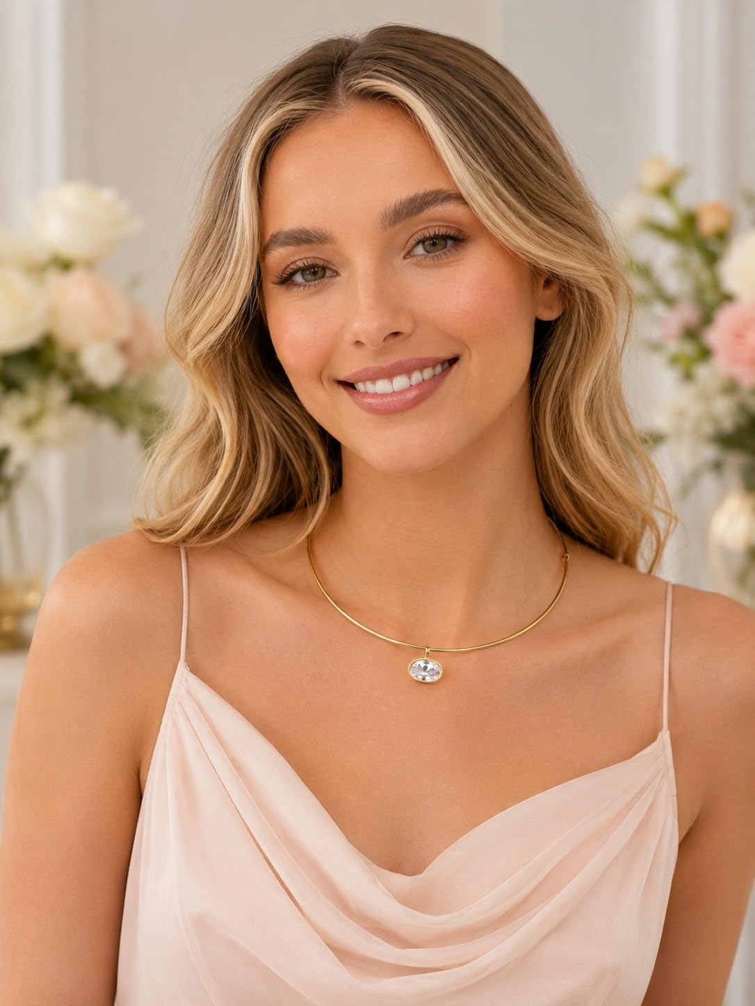 Gold Collar Necklace for Women, Cuff Style with Removable CZ & Baroque Pearl Pendants, 14K Gold Plated Wire Choker, Open Collar Jewelry for Date Night Wedding Guest
