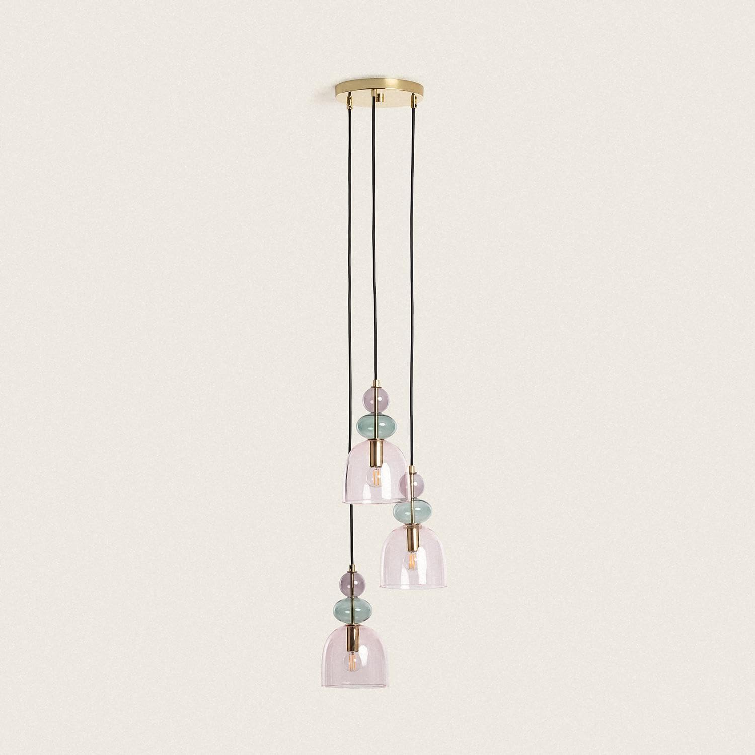 LEDKIA LIGHTING - Lámpara Colgante Metal y Cristal Tri Baudelaire | Diseño Vintage | Compatible con Bombillas E14 | Ideal para Salón y Dormitorio | Cable Ajustable, Rosa, Metal