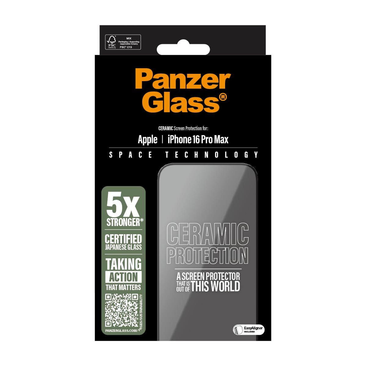 PanzerGlass CERAMIC Ochraniacz ekranu do Apple iPhone 16 Pro Max 6,9 cala 2024, ultra mocne japońskie szkło na pełnym ekranie, ochrona przed upadkiem/zarysowaniami, odciski palców, etui przyjazne dla
